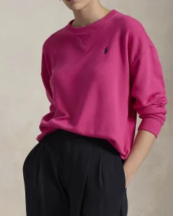 Felpa girocollo fucsia in cotone leggero con logo blu ricamato sul petto