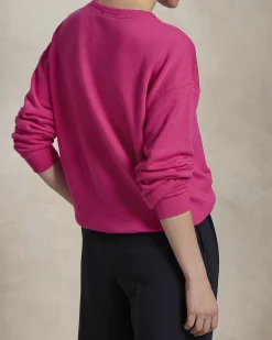 Felpa girocollo fucsia in cotone leggero con logo blu ricamato sul petto