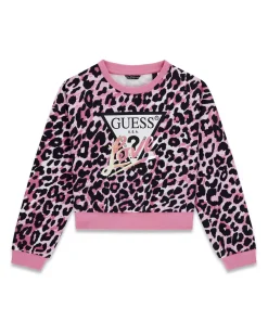 Felpa girocollo Guess fucsia maculata in puro cotone e logo triangolo