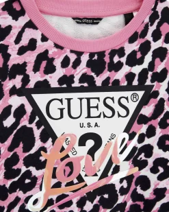 Felpa girocollo Guess fucsia maculata in puro cotone e logo triangolo