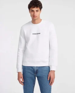 Felpa girocollo Guess Jeans bianca in cotone con logo scritta ricamata davanti
