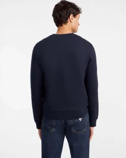 Felpa girocollo Guess Jeans blu in cotone con logo scritta ricamata davanti