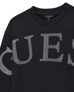 Felpa girocollo Guess nera in puro cotone e maxi scritta logo in strass