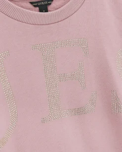 Felpa girocollo Guess rosa in puro cotone e maxi scritta logo in strass