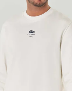 Felpa girocollo Lacoste bianca classic-fit in puro cotone con logo e coccodrillo stampati centrali sul petto