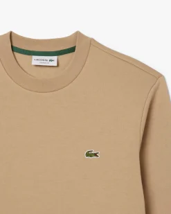 Felpa girocollo Lacoste color cammello con logo coccodrillo ricamato sul petto