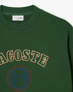 Felpa girocollo Lacoste loose-fit verde con logo tennis heritage