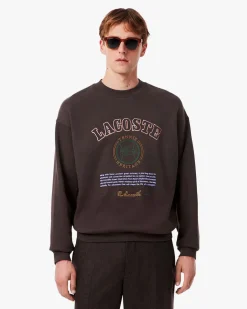 Felpa girocollo Lacoste loose-fit marrone con logo tennis heritage