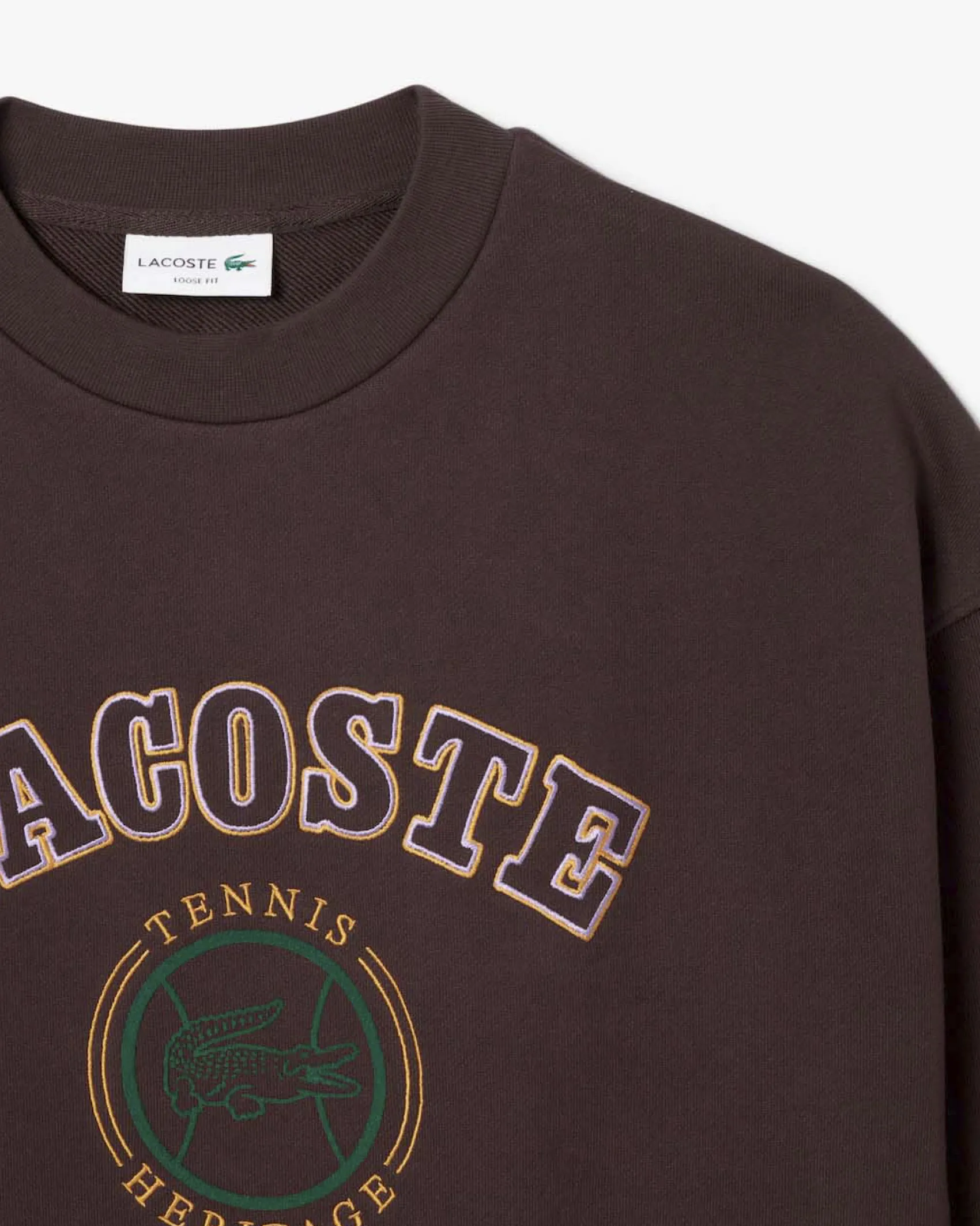 Felpa girocollo Lacoste loose-fit marrone con logo tennis heritage