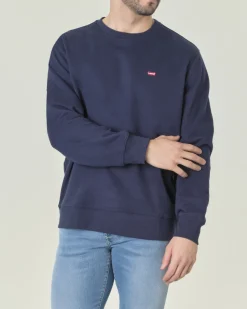 Felpa girocollo Levi's blu in puro cotone con mini logo batwig rosso ricamato sul petto