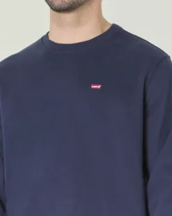 Felpa girocollo Levi's blu in puro cotone con mini logo batwig rosso ricamato sul petto