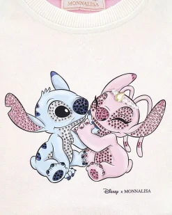 Felpa girocollo Monnalisa rosa e bianca in misto cotone con stampa Stitch & Angel
