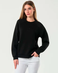Felpa girocollo nera Armani Exchange in misto viscosa effetto scuba con scritta logo in strass tono su tono