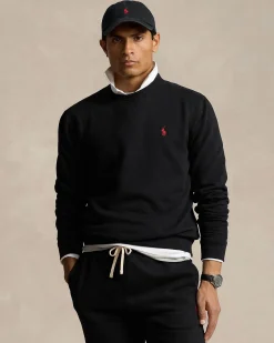 Felpa girocollo Polo Ralph Lauren nera in cotone con logo pony rosso ricamato sul petto