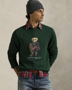 Felpa girocollo Polo Ralph Lauren verde in cotone con maxi stampa Polo Bear frontale