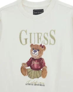 Felpa Guess bianca a maniche lunghe e stampa orsetta davanti