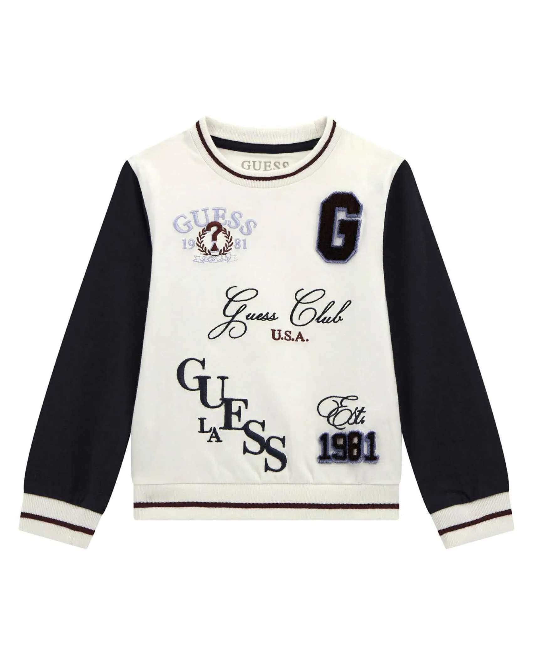 Felpa Guess bicolore color panna e blu in puro cotone con stampe e patch college