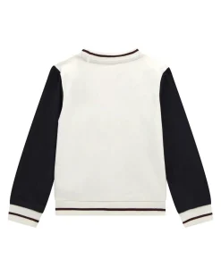 Felpa Guess bicolore color panna e blu in puro cotone con stampe e patch college