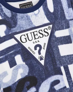 Felpa Guess blu effetto denim in cotone con maxi scritte logo