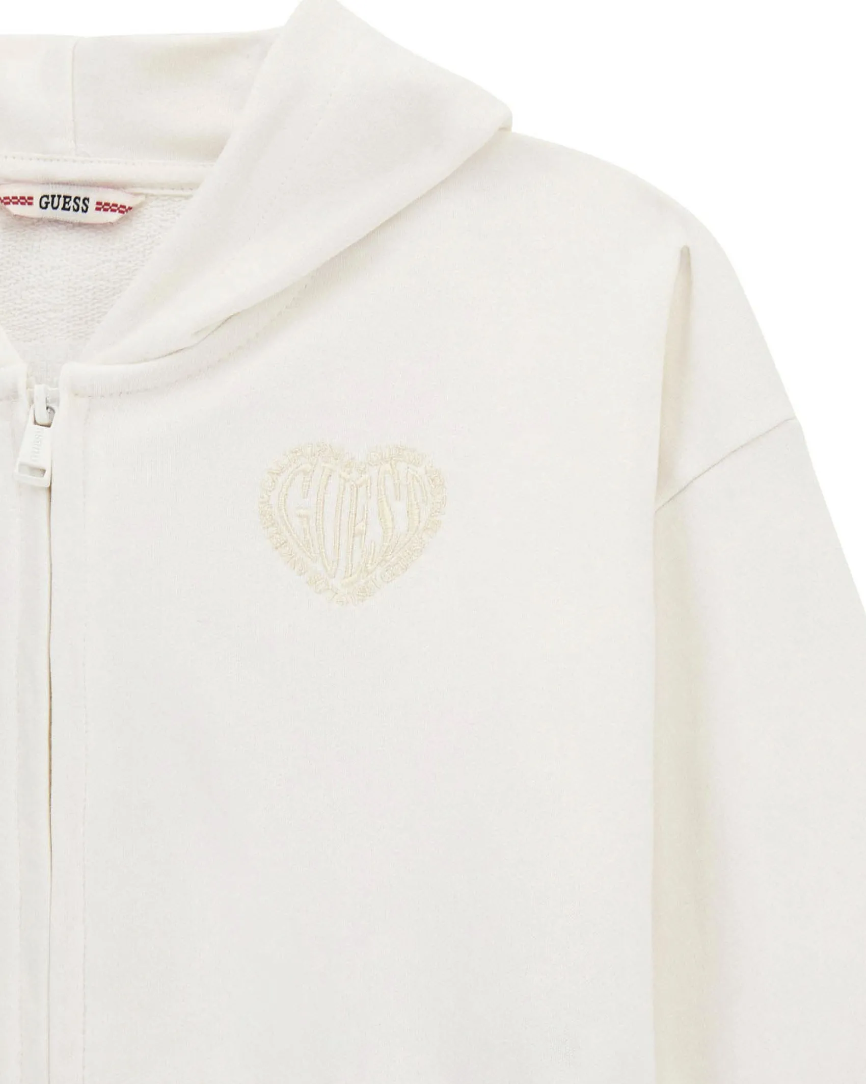 Felpa Guess cropped color panna con cappuccio e zip