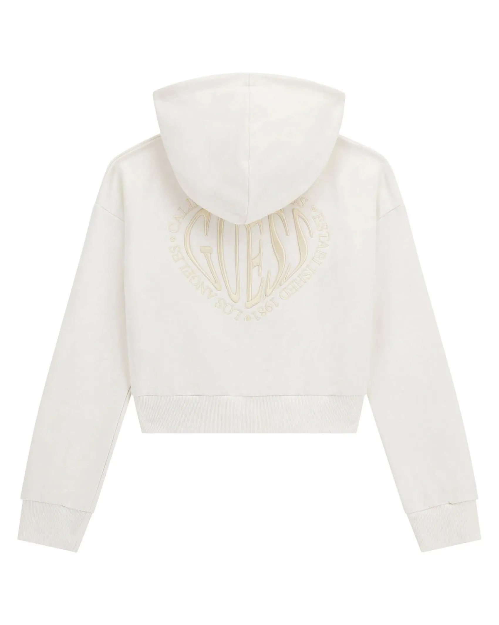 Felpa Guess cropped color panna con cappuccio e zip