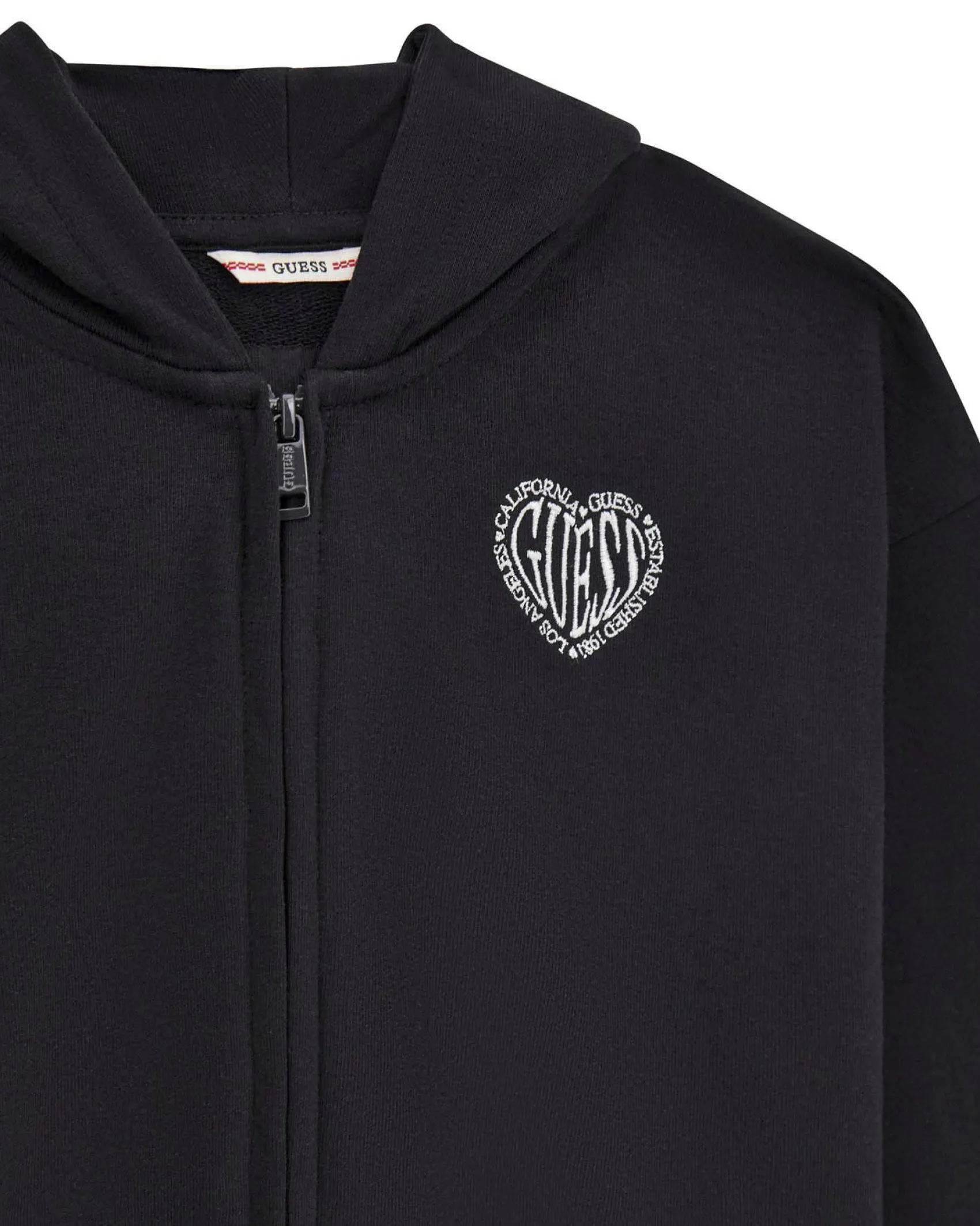Felpa Guess cropped color panna con cappuccio e zip