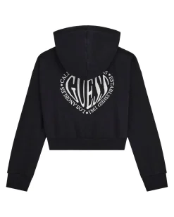 Felpa Guess cropped color panna con cappuccio e zip
