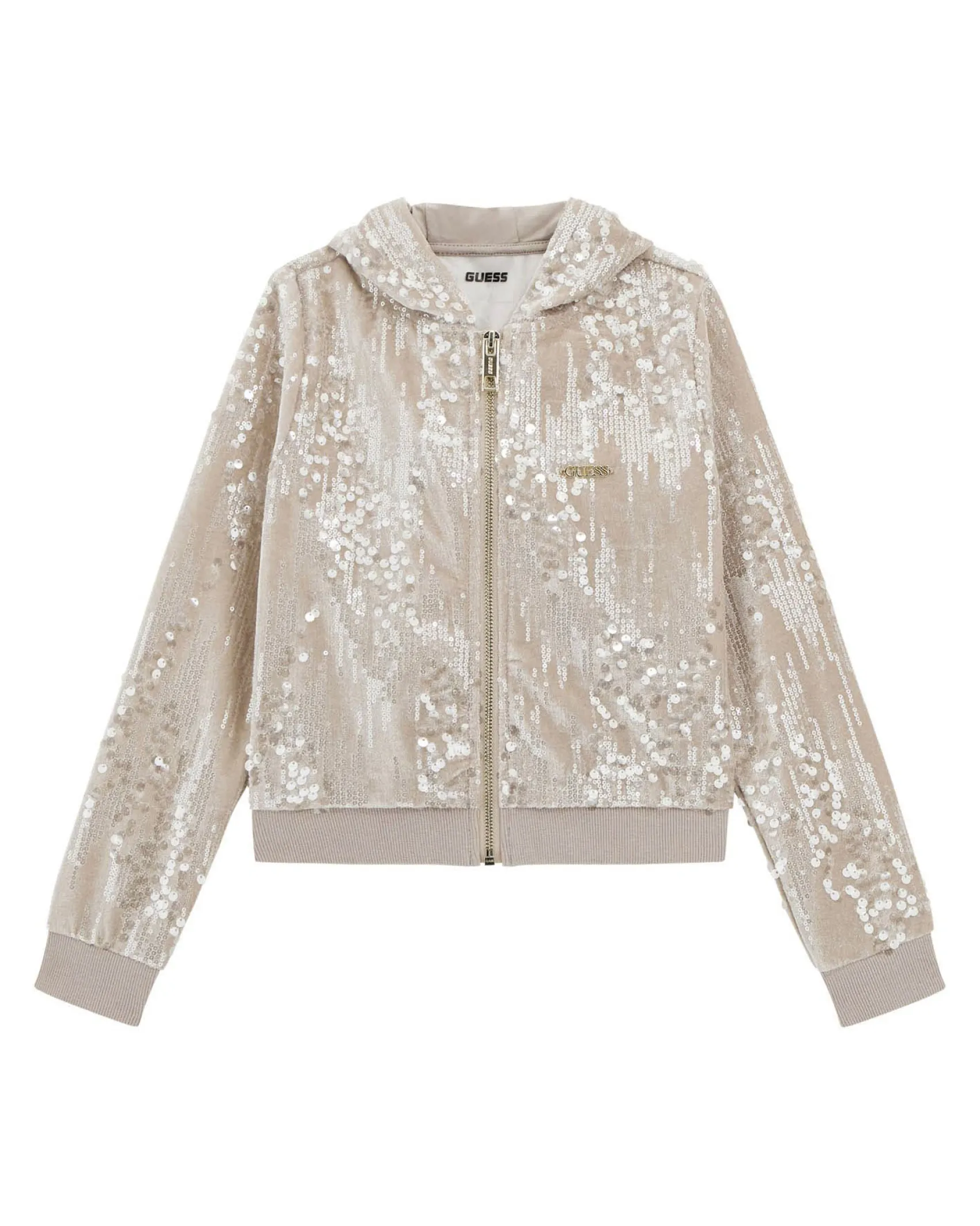 Felpa Guess rosa cipria con cappuccio e paillettes all over