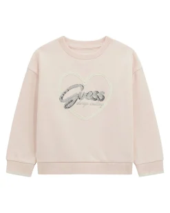 Felpa Guess rosa con cuore e logo paillettato argento