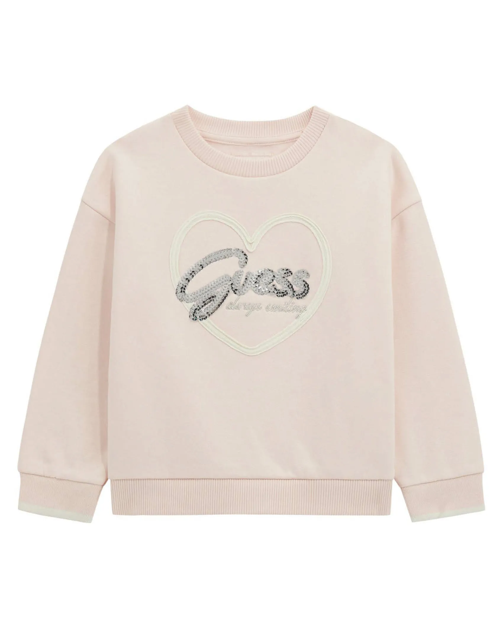 Felpa Guess rosa con cuore e logo paillettato argento