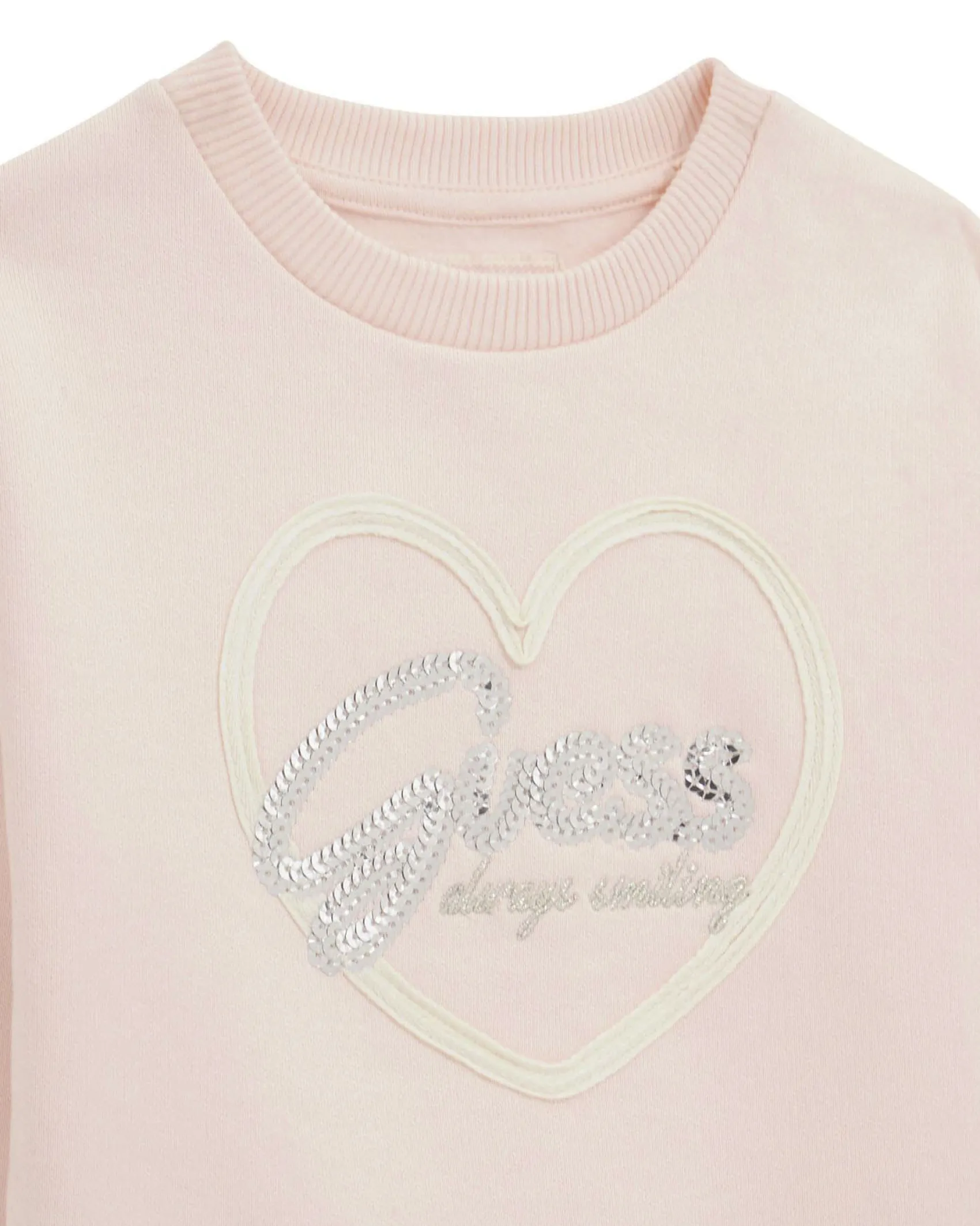 Felpa Guess rosa con cuore e logo paillettato argento