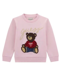 Felpa Guess rosa con orsetto icon e scritta logo in puro cotone