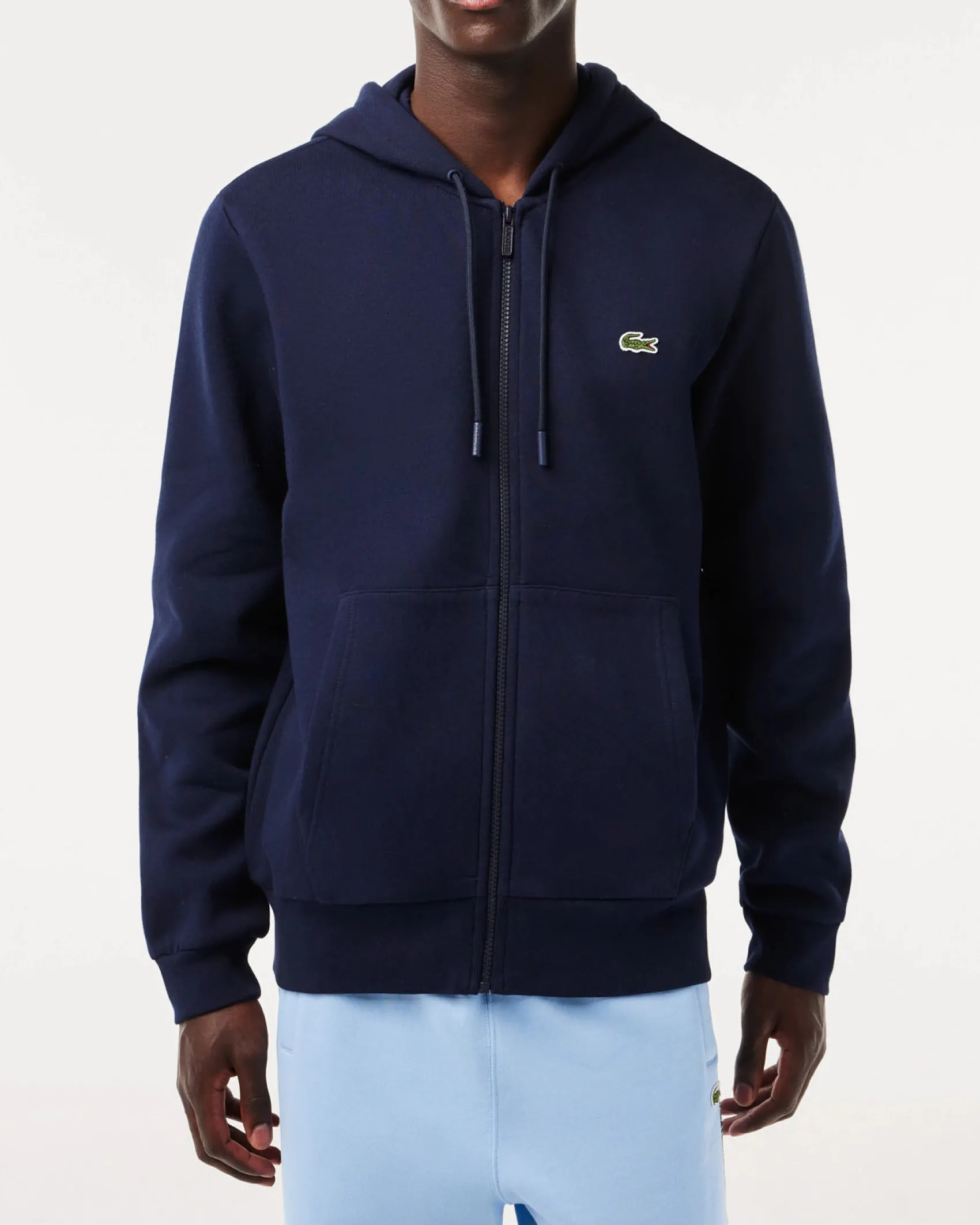 Felpa Lacoste blu con cappuccio e chiusura zip con logo ricamato sul petto