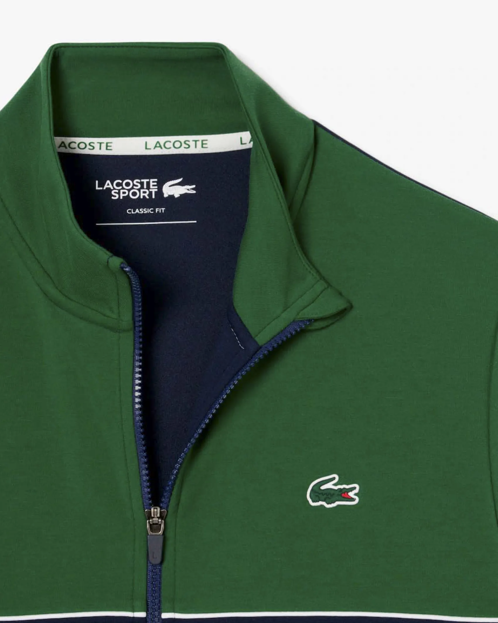 Felpa Lacoste color block verde e blu con piping porta logo e chiusura zip