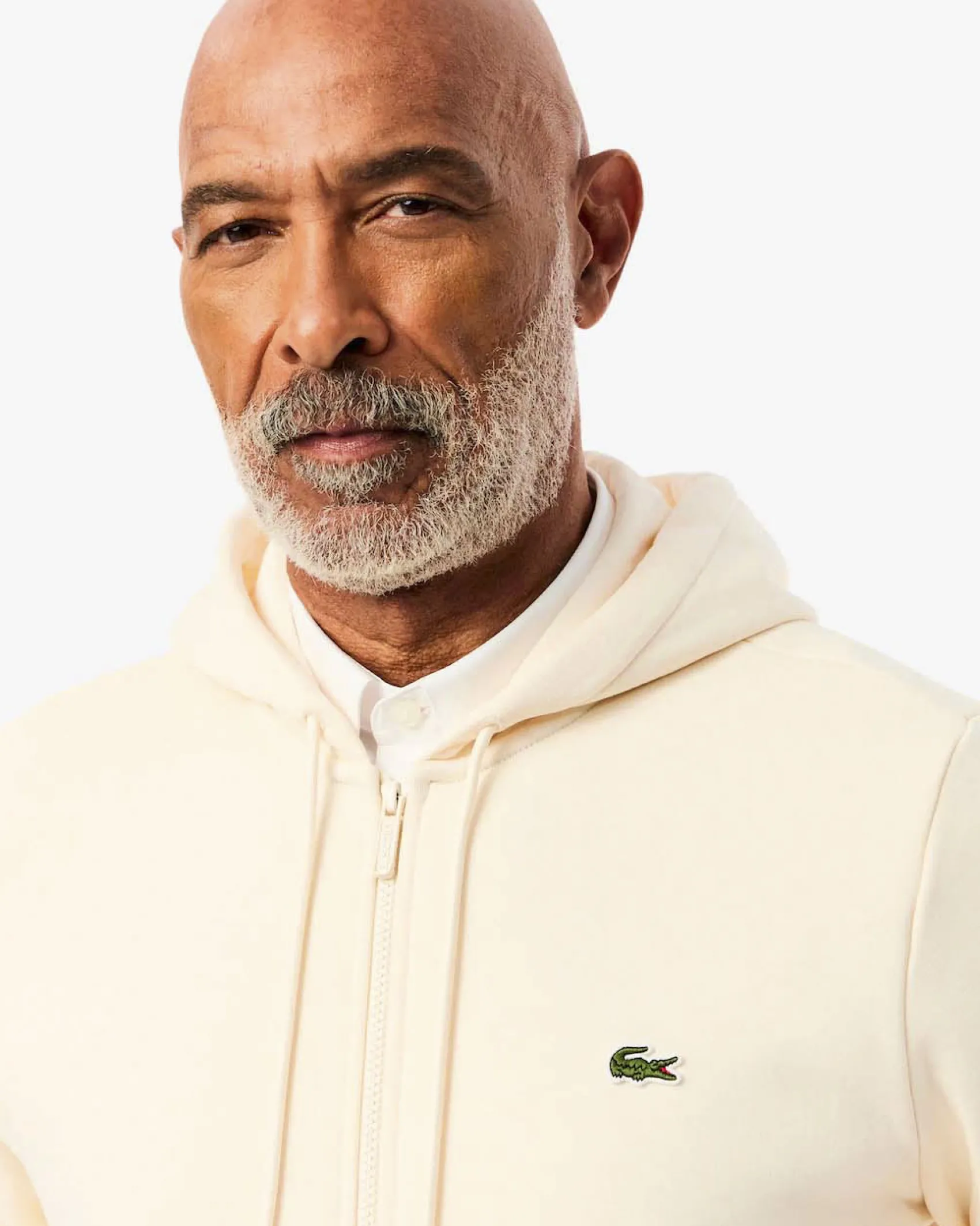 Felpa Lacoste color panna con cappuccio chiusura zip e logo coccodrillo ricamato sul petto