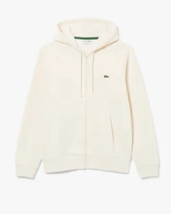 Felpa Lacoste color panna con cappuccio chiusura zip e logo coccodrillo ricamato sul petto