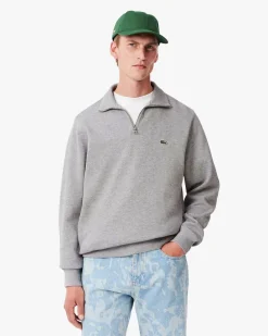 Felpa Lacoste grigia in interlock di cotone con apertura a mezza zip
