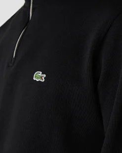 Felpa Lacoste nera in interlock di cotone con apertura a mezza zip