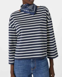 Felpa leggere blu a righe bianche Weekend Max Mara con maniche tre quarti