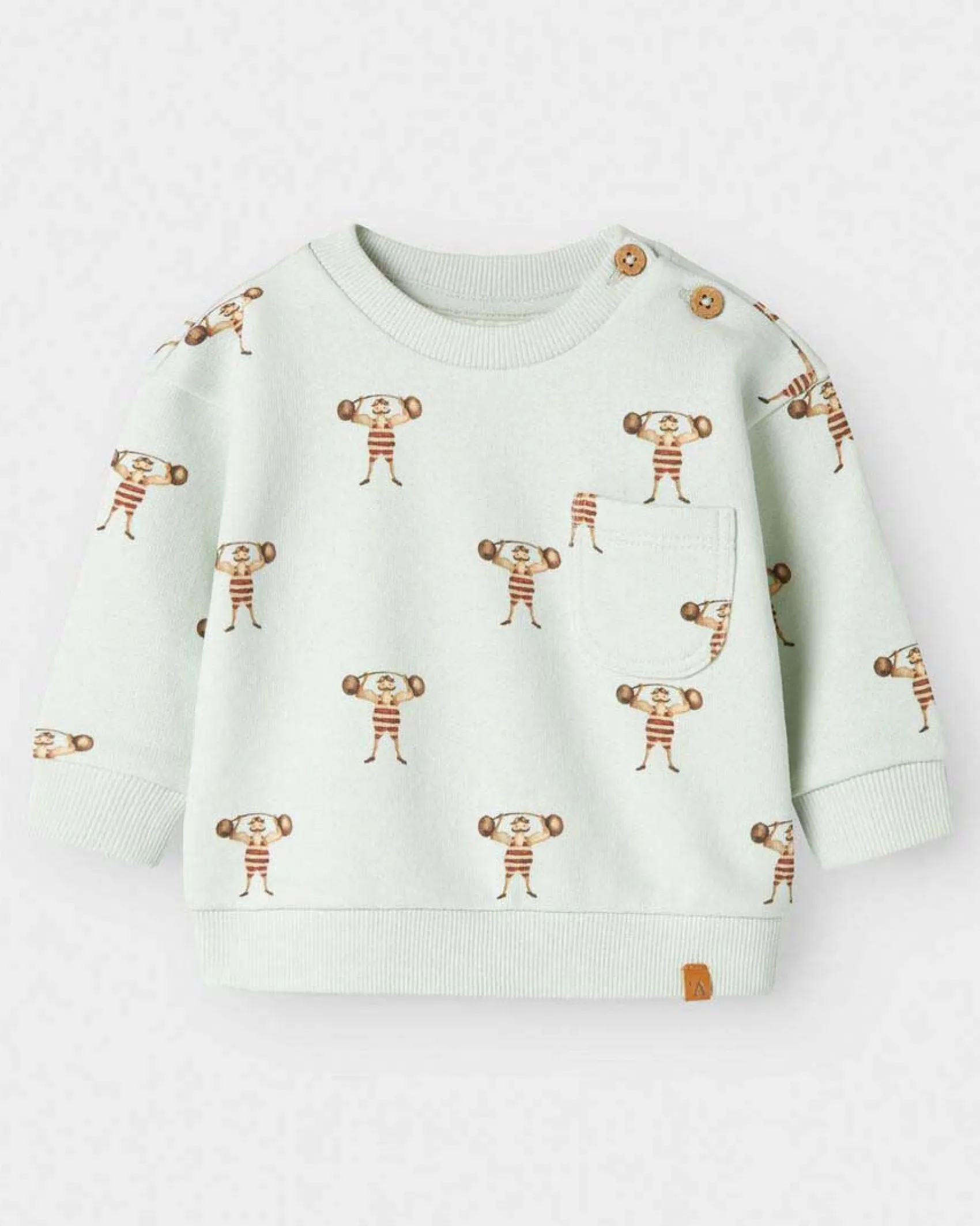 Felpa Lil'Atelier verde acqua in puro cotone con fantasia strong man