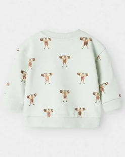 Felpa Lil'Atelier verde acqua in puro cotone con fantasia strong man