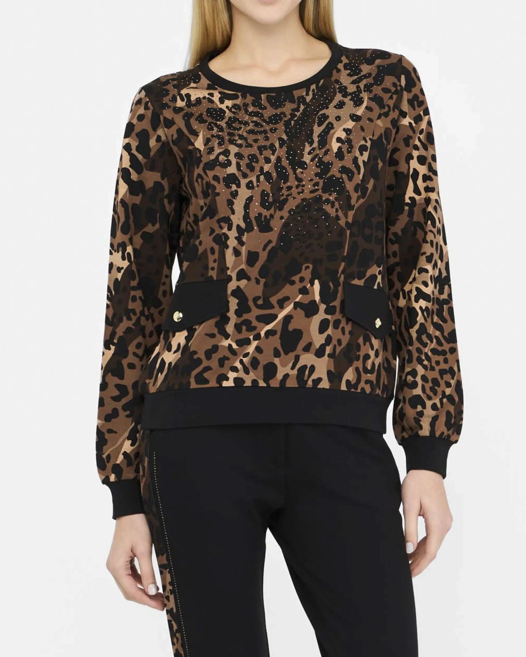 Felpa Liu Jo Sport animalier in viscosa stretch con strass applicati