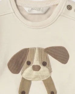 Felpa Mayoral avorio in cotone stretch con cagnolino in rilievo