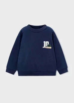 Felpa Mayoral blu in cotone stretch a maniche lunghe con stampa baseball e numero '10'