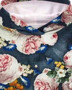 Felpa Monnalisa relaxed avio in neoprene con cappuccio a fantasia floreale multicolor all-over