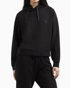 Felpa nera cropped in misto viscosa con cappuccio con maxi logo in strass
