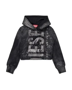 Felpa nera Diesel cropped con cappuccio e maxi grafica effetto laminato