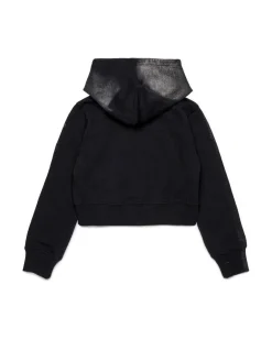 Felpa nera Diesel cropped con cappuccio e maxi grafica effetto laminato