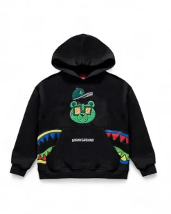Felpa nera in cotone cappuccio con patch Money Bear teddy
