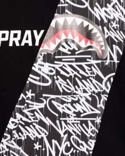 Felpa nera in cotone con cappuccio e stampa graffiti bianca